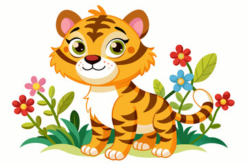 Obraz na płótnie Canvas Charming tiger cartoon with flowers on its ears.