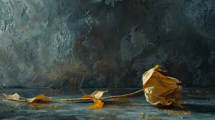 A wilted golden rose lies on a reflective surface against a dark background. - obrazy, fototapety, plakaty