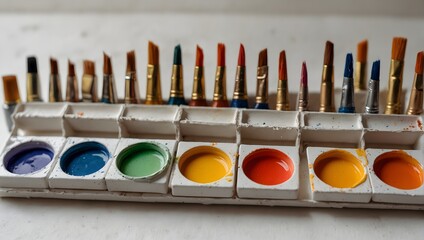 A set of watercolor tubes and paintbrushes laid out on a white canvas, ready for use Generative AI