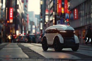Autonomous delivery robot glides through city streets.