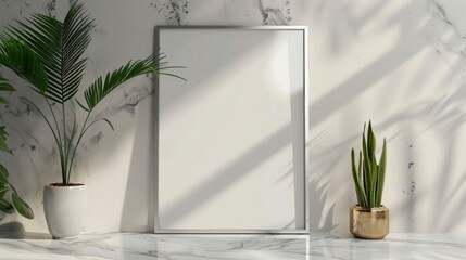 Mockup of a sleek silver picture frame on a marble background .