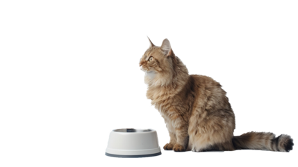 Close up on a cat while waiting food or water. Beautiful cat sitting next to his bowl. Isolated on white background.