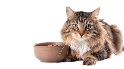Close up on a cat while waiting food or water. Beautiful cat sitting next to his bowl. Isolated on white background.