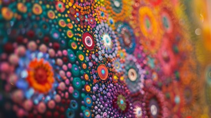 Defocused vibrant hues and intricate patterns blend together to create a mesmerizing backdrop for the Indigenous art installation. . - obrazy, fototapety, plakaty