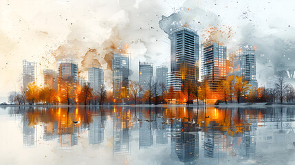 city in the morning,
 Sketch and real mix urban cityscape scene development