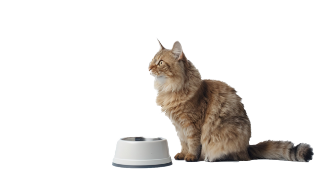 Close up on a cat while waiting food or water. Beautiful cat sitting next to his bowl. Isolated on white background.
