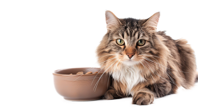 Close up on a cat while waiting food or water. Beautiful cat sitting next to his bowl. Isolated on white background.