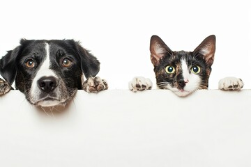 Row of the tops of heads of cat and dog with paws up peeking over a blank white background