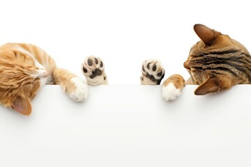Row of the tops of heads of cat and dog with paws up peeking over a blank white background