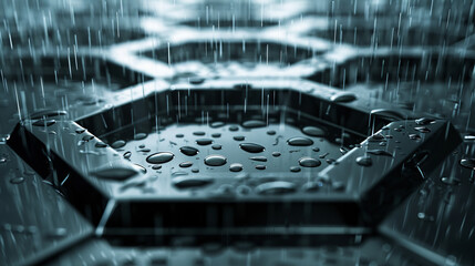 Black and blue hexagonal surface with raindrops - obrazy, fototapety, plakaty