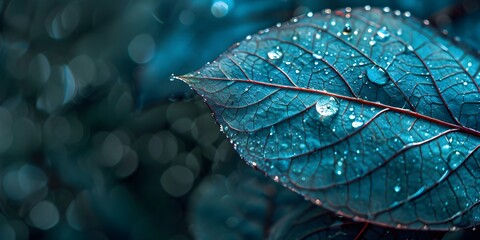 closeup of a blue leaf with water drops