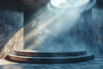  Abstract stage design, a gray stone circular platform in the center of an ancient temple with fog and rays of light shining through the window above. Created with Ai