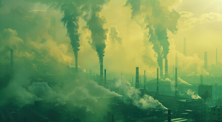 A wide shot of air pollution, with industrial chimneys emitting smoke and fog into the sky,...