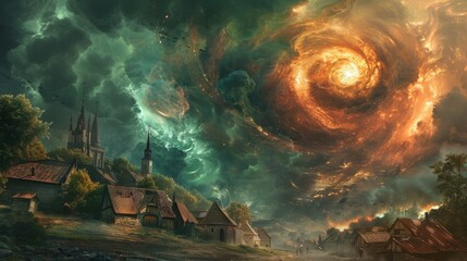 Psychic Storm Over Medieval Village - Surreal Artistic Rendering - obrazy, fototapety, plakaty