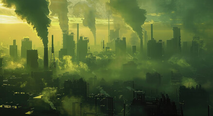 A wide shot of air pollution, with industrial chimneys emitting smoke and fog into the sky, creating an atmosphere filled with dirty yellowish green light.