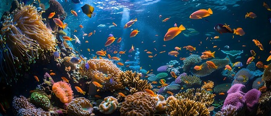 Fototapeta na wymiar Vibrant Coral Reef Teeming with Diverse Aquatic Life Capturing the Wonders of the Ocean s Biodiversity