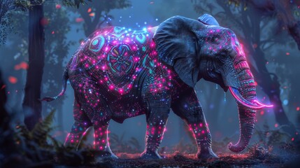 Neon Tribal Elephant in Surreal Digital Forest
