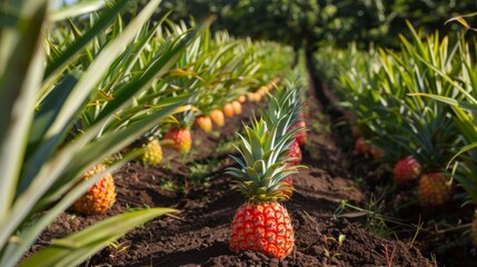 A symphony of colors and textures greets you at this pineapple plantation with the ly leaves juicy fruit and rich background of greenery . . - obrazy, fototapety, plakaty