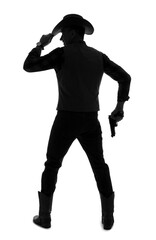 Silhouette of mature cowboy with gun on white background, back view