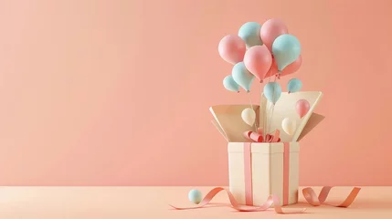 Foto op Plexiglas 3D clay scene of balloons escaping an opened gift box, set on a smooth gradient background © Jenjira