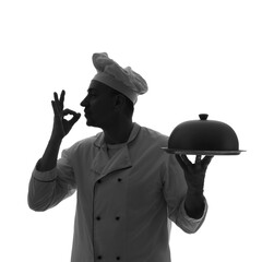 Silhouette of mature chef with cloche on white background