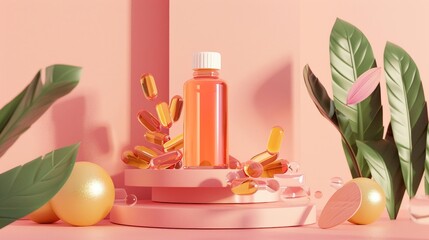 3D showcase of immuneboosting supplements, including Vitamin D, Zinc, elderberry syrup, and echinacea, all on a serene, solid color background