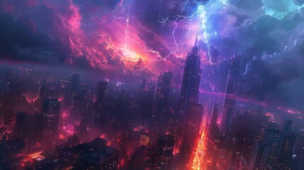 Psychic Storm Over Modern City - Colorful Energy Bolts Reshaping Buildings and Streets - obrazy, fototapety, plakaty
