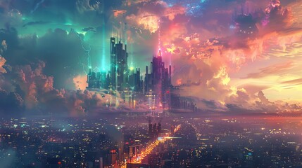 Psychic Storm Over Modern City - Colorful Energy Bolts Reshaping Buildings and Streets - obrazy, fototapety, plakaty