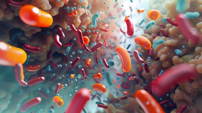 3D depiction of a flourishing gut flora, enhanced by probiotics and prebiotics, signifying immune and digestive harmony