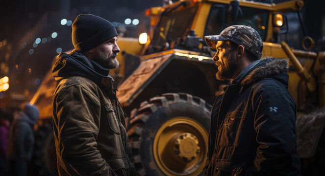 A cinematic movie still of two men in their late thirties, talking to each other next to an open heavy machinery truck at night with people surrounding them and looking on as they talk.Created with Ai