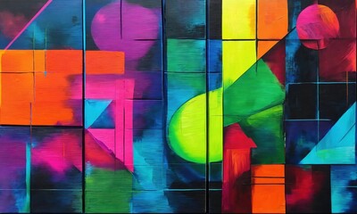 Geometric fluorescent colors painting with oil paint blending on canvas. Contemporary painting. Modern poster for wall decoration