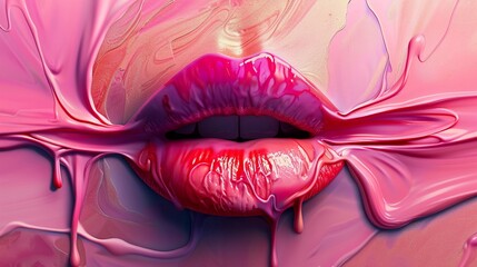Closeup of lush lips in a melting effect, colors dripping seamlessly against a minimalist backdrop - obrazy, fototapety, plakaty
