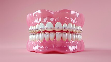 Obraz premium Detailed of a dental prosthesis adorned with braces, set on a pastel solid color backdrop, highlighting orthodontic beauty