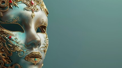 Luxurious 3D face mask, detailed with gold filigree and vibrant gems, set against a minimalist solid color background