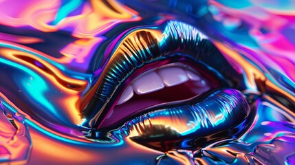 Surreal closeup of glossy lips melting like liquid metal, blending into a vibrant, abstract background