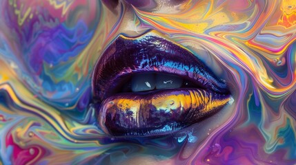 Surreal closeup of glossy lips melting like liquid metal, blending into a vibrant, abstract background