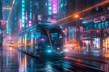 futuristic urban transportation sleek tram and metro in neonlit cyberpunk city digital illustration - obrazy, fototapety, plakaty