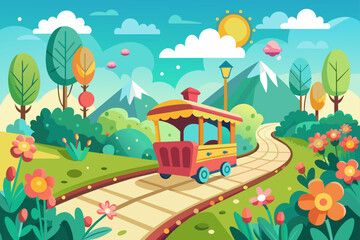 Trolley Road Cartoon Charming with Flowers on a B