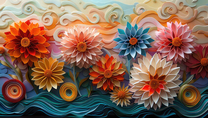 3D quilling paper art, flowers and leaves, 5 chrysanthemums on the right side of an ocean wave patterned background. Created with Ai