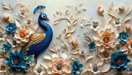 3D embossed clay wall mural with blue peacock and flowers. Created with Ai
