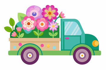 A cartoon truck adorned with vibrant flowers exudes charm and delight on a pure white background.