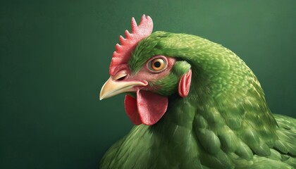 ai generative of The image shows a vibrant green chicken, possibly a rooster, with a striking red comb on its head. 