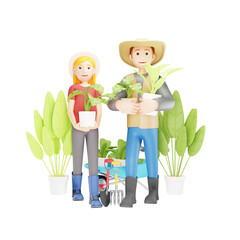 3D Farmer Character Holding Plant Pots - Illustration for Gardening Concept