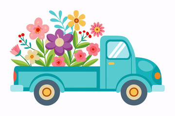 A cartoon truck adorned with vibrant flowers exudes charm and delight on a pure white background.