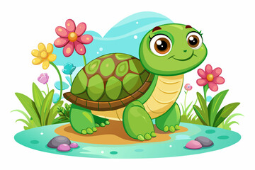 Charming cartoon turtle adorned with colorful flowers