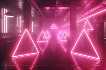 glowing pink neon triangles floating in misty club atmosphere futuristic 3d rendering