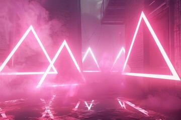 glowing pink neon triangles floating in misty club atmosphere futuristic 3d rendering