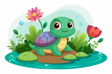 Naklejka premium Turtles in a whimsical cartoon style, adorned with cheerful flowers, evoke a sense of charm and delight.