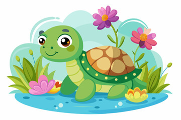 Charming turtle cartoon character adorned with vibrant flowers.