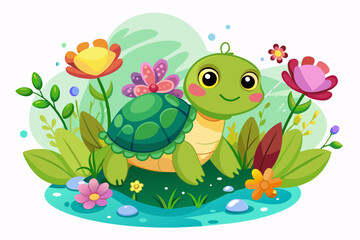 Turtles in a whimsical cartoon style, adorned with cheerful flowers, evoke a sense of charm and delight.
